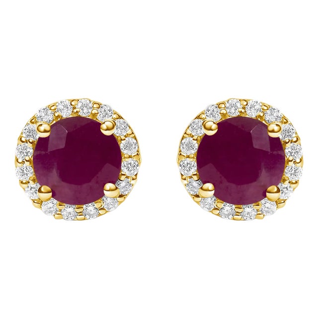10K Yellow Gold Red Ruby and 1/6 Cttw Diamond Halo Stud Earring For Sale