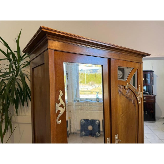 Brown Antique Art Nouveau Mirrored Wardrobe, 1890s For Sale - Image 8 of 17