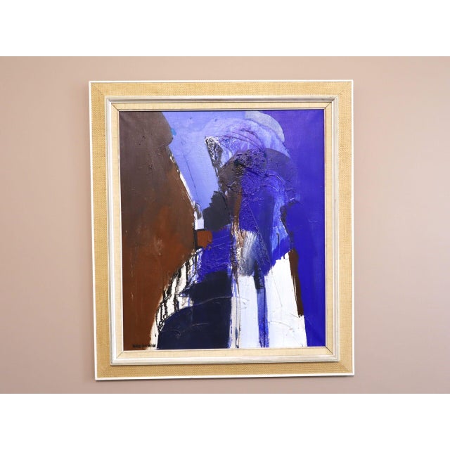 BLUE DIVISION Oil on canvas Size: 33.9 x 29.9 inches (including frame) A compelling mid-century abstract composition built...