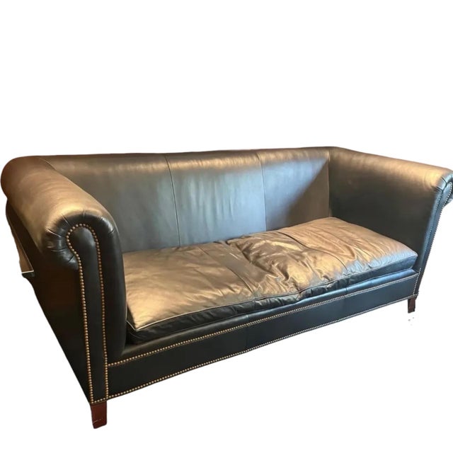 Ralph Lauren 1990s Ralph Lauren Vintage Brompton Distressed Leather Sofa, English Cowhide & Custom Wool Cushions Cushions For Sale - Image 4 of 14