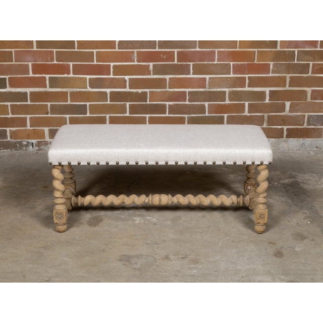 Wood English 1900s Bleached Wood Bench with Barley Twist Base and Custom Upholstery For Sale - Image 7 of 12
