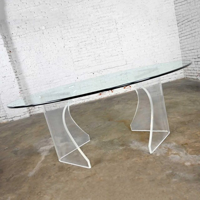 Vintage Modern to Hollywood Regency or Art Deco Dining Table Lucite Sculptural Base Oval Glass Top For Sale - Image 9 of 18