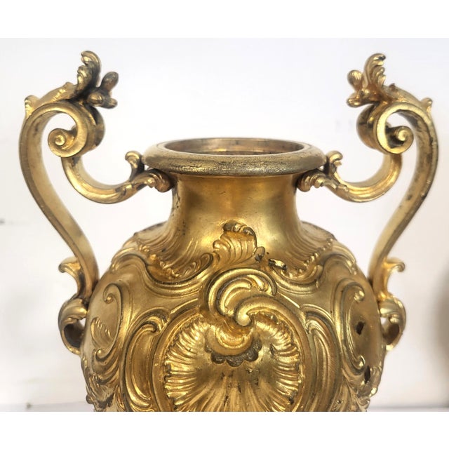 Bronze Pair Antique French 19th C Rococo Gilt Bronze Urns Barbedienne Vase on Marble For Sale - Image 8 of 18