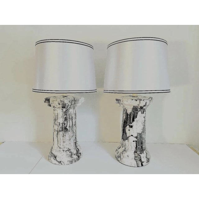 1970s Marbled Column Lamps & Shades - A Pair For Sale - Image 11 of 15