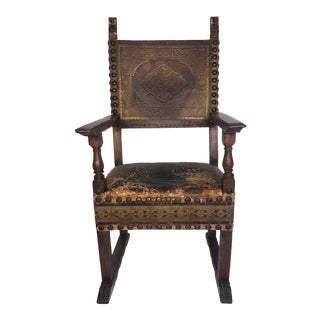 19th Century Walnut Throne Armchair With Tooled Leather and Talon Feet For Sale