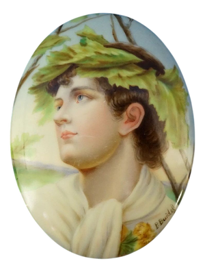 Miniature Painted Porcelain Plaque with Dionysus and Apollo by Max P. Brodel, Germany, 1890s