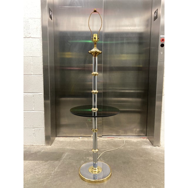 Modernist Faux Bamboo Chrome & Brass Floor Lamp With Glass Tray Table in Mastercraft For Sale - Image 13 of 13