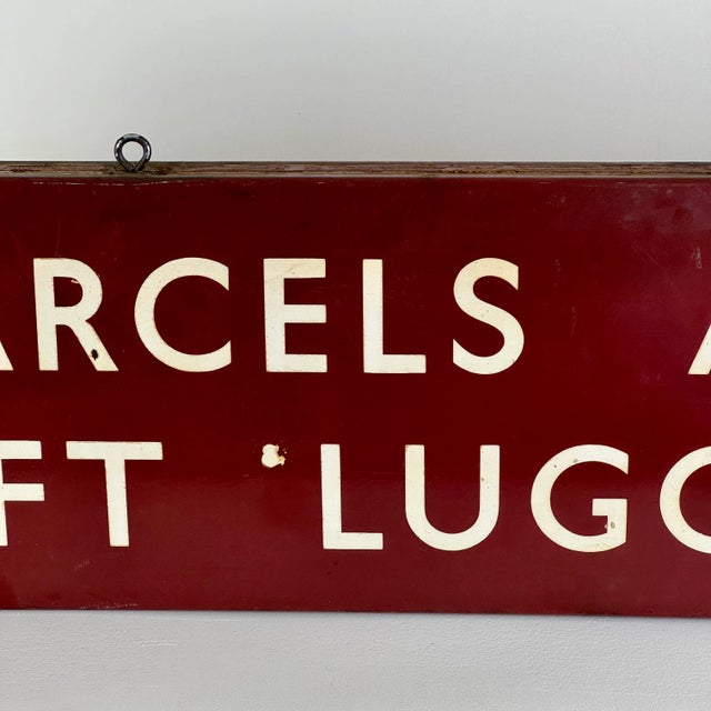 Rare Early 20th C Large Double Sided Train Station Porcelain Enamel Sign in Cherry Red Reads "Parcels and Left Luggage" For Sale In New York - Image 6 of 18