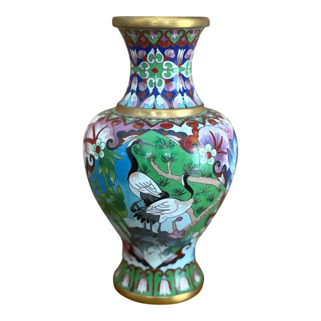Vintage Chinese Cloisonné Vase With Cranes & Peony Motif – 8” For Sale