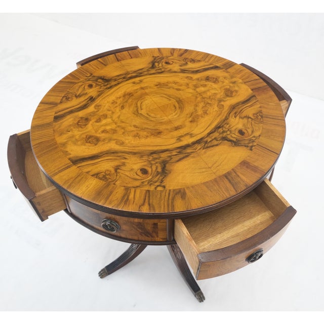 Johnson Furniture Company Walnut Round Drum Center Side Table Stand with Drawers Johnson Furniture For Sale - Image 4 of 12