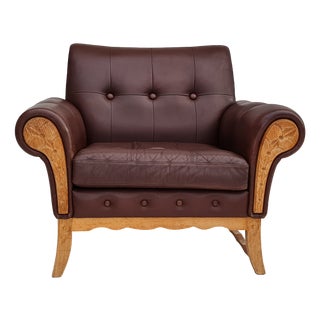 Vintage Danish Leather and Oak Armchair, 1970s For Sale