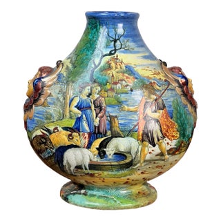 Antique Italian Renaissance Revival Hand Painted Maiolica Vase With Winged Putti Handles, C. 1920-1940 For Sale