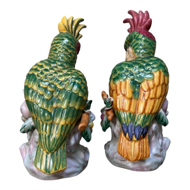 Pair Cockatoo Parrot Bird Figurines Table Sculptures - Hand Painting Chinese Porcelain Book Matching Set - Chelsea House Mottahedeh Style For Sale - Image 4 of 7