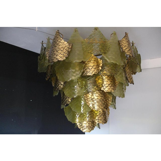 2000 - 2009 Green and Gold Murano Glass Chandelier with Scale Decoration, 2000s For Sale - Image 5 of 18