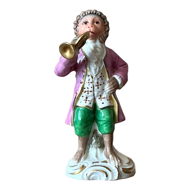 Vintage Regency Sitzendorf Porcelain Monkey Playing Trumpet For Sale