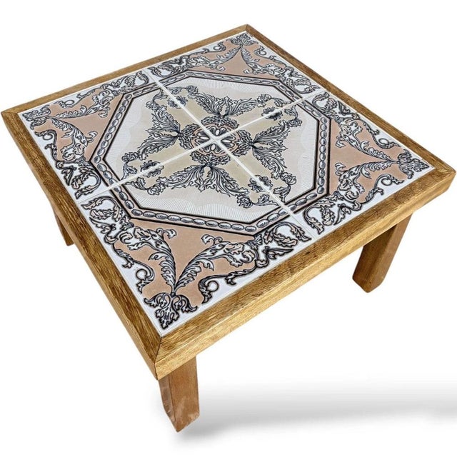 Ceramic Mid-Century French Tiger Oak Side Table with Tiles, 1970s For Sale - Image 7 of 9