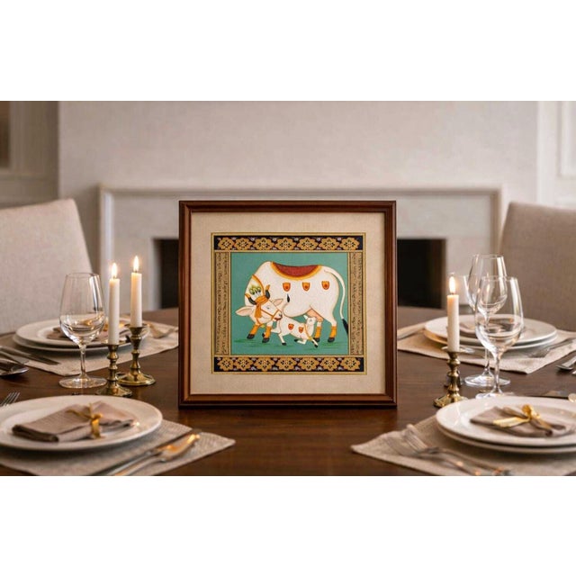 Hand Painted Miniature Sacred Cow & Calf on Sanskrit Manuscript with Gold Border, 1970s For Sale - Image 3 of 4