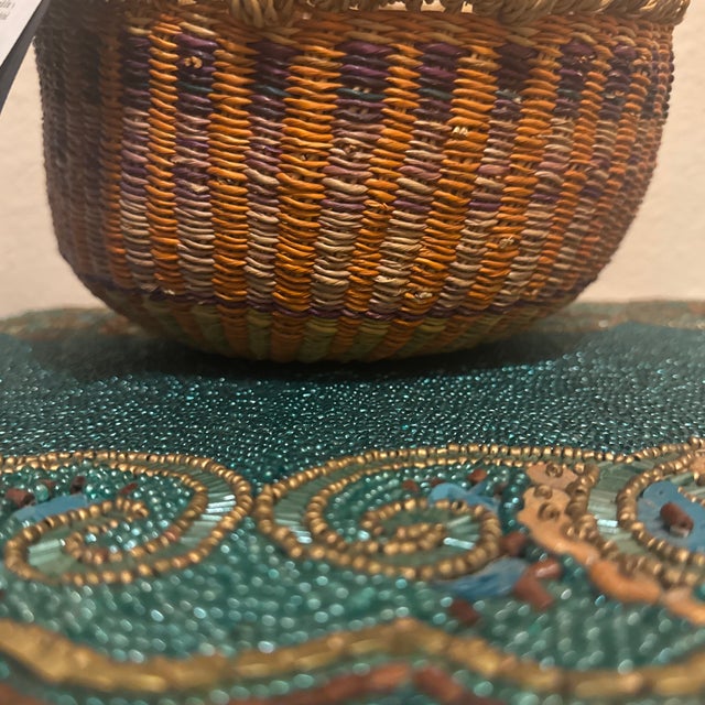 Wood Contemporary African Artisanal Handwoven Wicker & Leather Storage Market Basket For Sale - Image 7 of 10