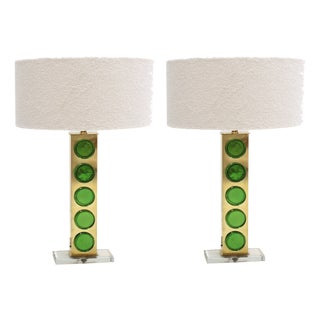 Brass Table Lamps with Green Murano Glass, Italy, Set of 2 For Sale