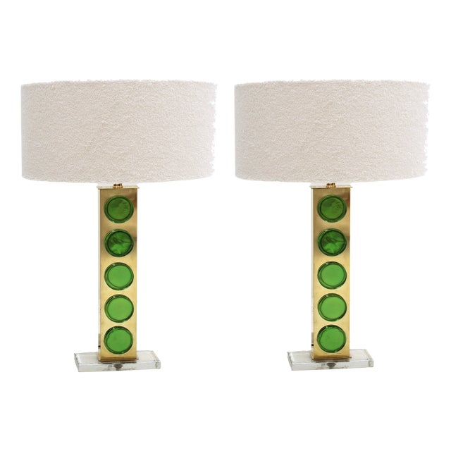 Brass Table Lamps with Green Murano Glass, Italy, Set of 2 For Sale