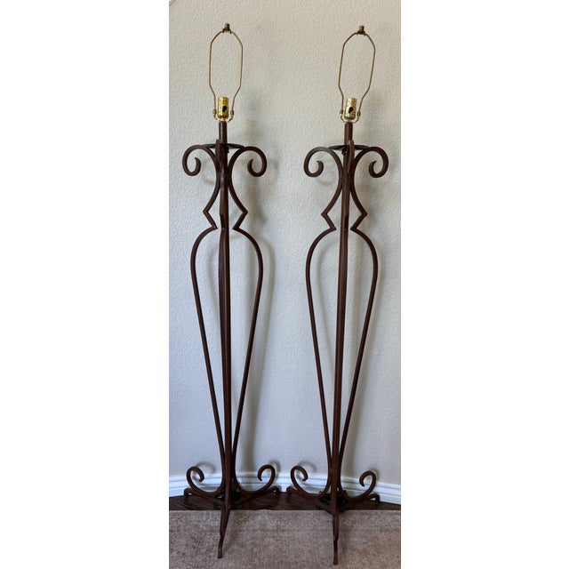 Vintage Spanish Revival Scrolled Wrought Iron Floor Lamps With Antiqued Shades – Pair For Sale - Image 4 of 15