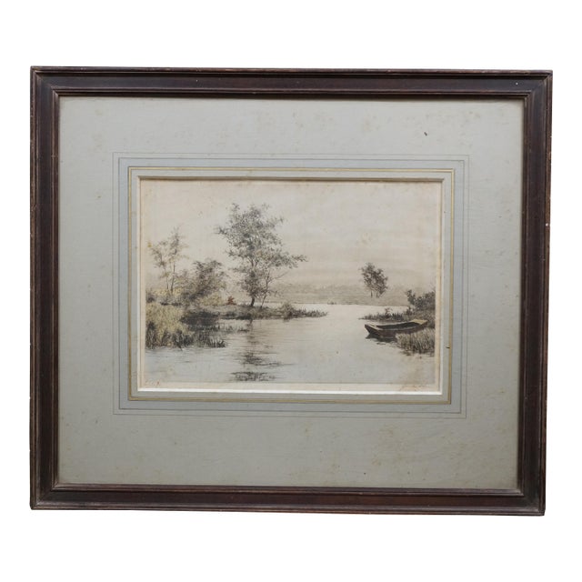 Antique James Fagan Signed Solitude Rowboat Marsh Seascape Etching 23" For Sale