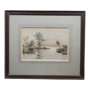 Antique James Fagan Signed Solitude Rowboat Marsh Seascape Etching 23"