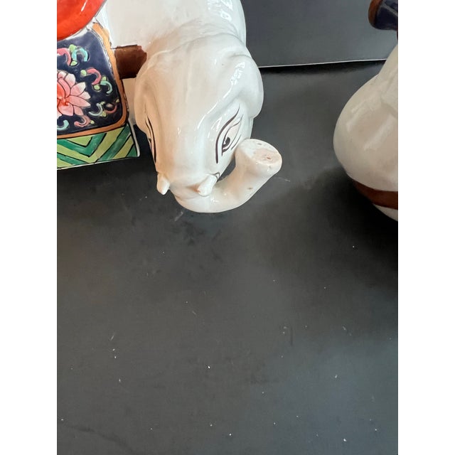 Rose Vintage Pair Chinese Export Famille Rose Ceramic Elephant Candleholders 1970’s For Sale - Image 8 of 12