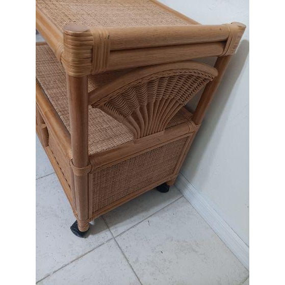 Vintage Boho Chic Rattan and Wicker Bar Cart With a Dual-Shelf Design For Sale - Image 4 of 7