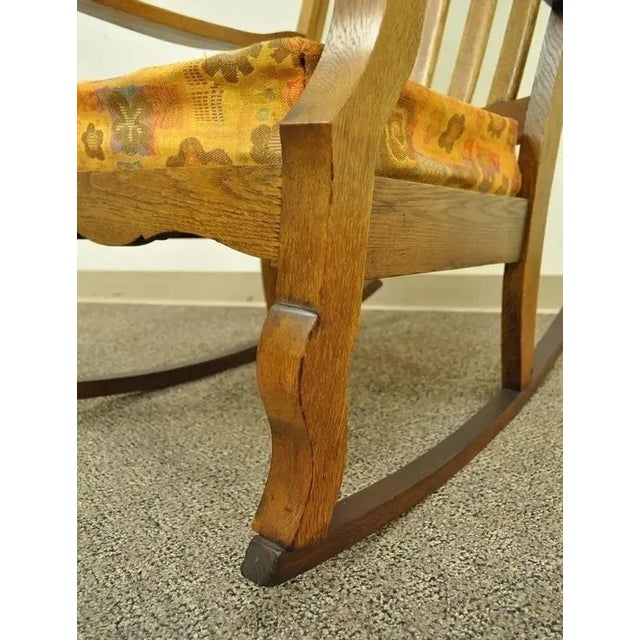 Mid 20th Century Mid 20th Century Antique Mission Arts & Crafts Carved Solid Oak Rocking Lounge Chair Rocker For Sale - Image 5 of 11