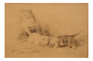 Three Little Cats - Original China Ink Drawing by L.-E- Lambert - 1890 ca. 1890 ca
