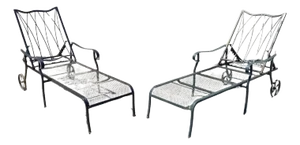 Late 20th Century Woodard Style Wrought Iron Lattice Garden Patio Chaise Lounge Chair - A Pair