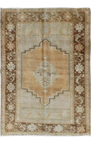 Vintage Oushak Rug in Brown, L. Orange, Camel, L. Green & Taupe Gray