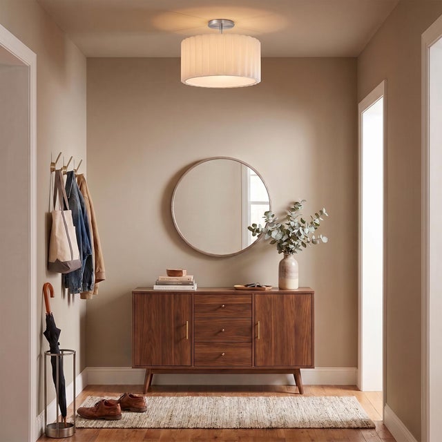 2020s Scallop Semi-Flush Mount, Modern Design With Satin Nickel Steel & Drum White Linen Shade, 19" Dimmable Fixture For Sale - Image 5 of 6