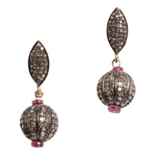 Pair of Pave` Diamond and Ruby Drop Earrings For Sale