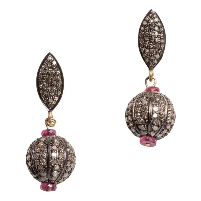 Pair of Pave` Diamond and Ruby Drop Earrings For Sale
