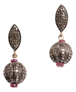 Pave` Diamond and Ruby Drop Earrings