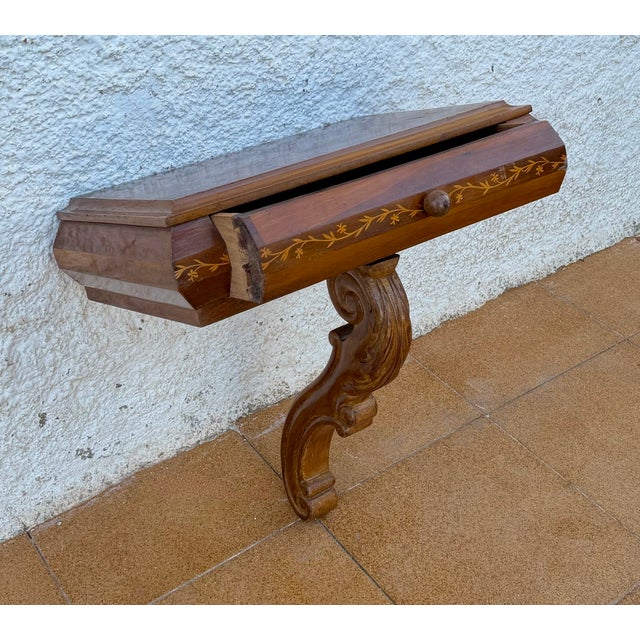 1930s Spanish Wall-Mounted Wood Nightstands with Floral Inlay, 1930, Set of 2 For Sale - Image 5 of 10