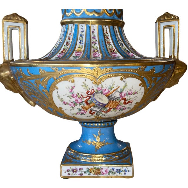 Pair of Sèvres Style Celestial Blue Porcelain Urns. Early 20th Century, France. For Sale - Image 12 of 12