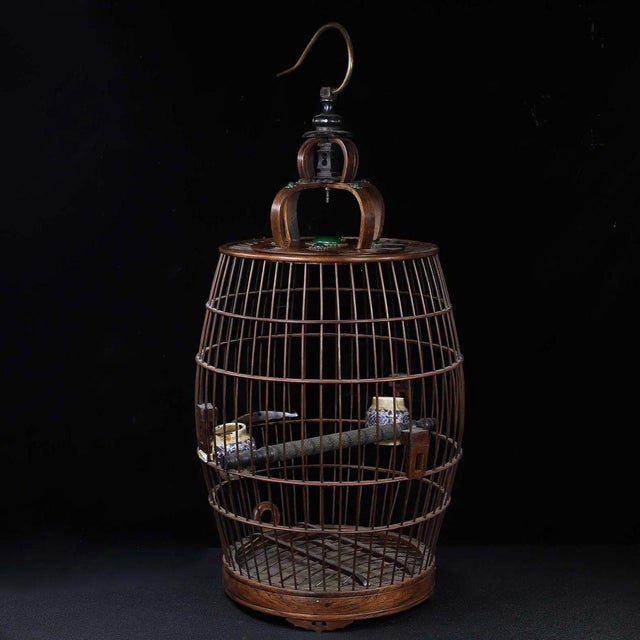Wood Vintage Hardwood Birdcage With Gemstone Inlay and Porcelain Cups For Sale - Image 7 of 9