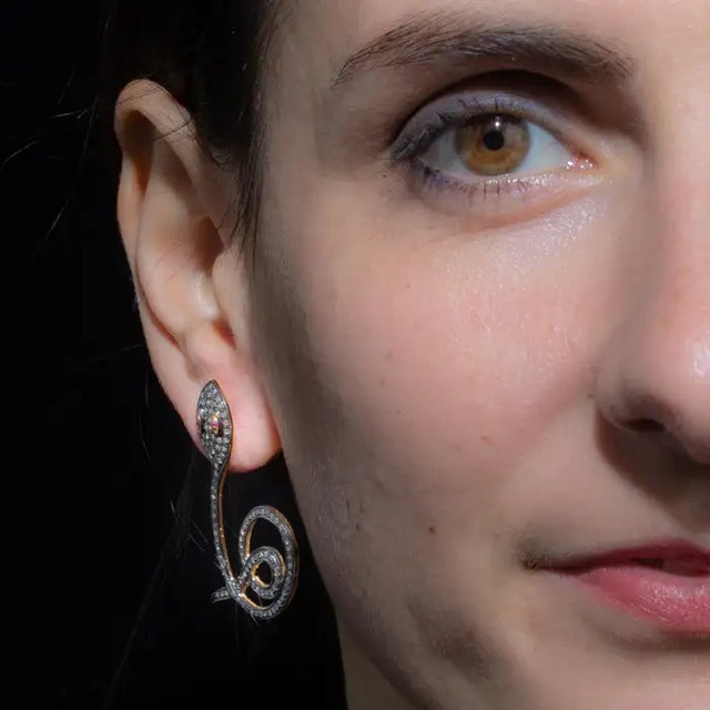 Modern Diamond Coiled Snake Drop Earrings With Ruby Eyes For Sale - Image 3 of 4