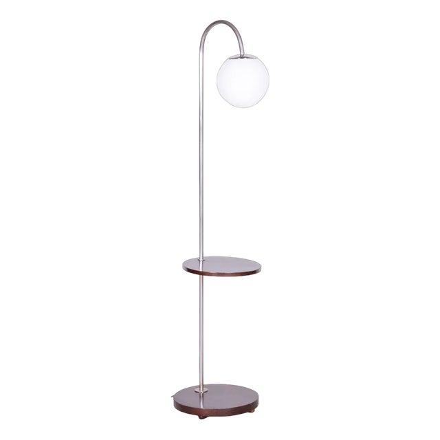 Bauhaus Floor Lamp in Beech and Chrome, Former Czechoslovakia, 1930s For Sale