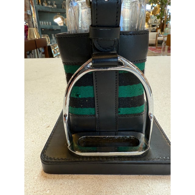 Chic Italian desk set combining a cut-crystal decanter with an equestrian-inspired leather holder, dating from the 1970s....
