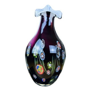 Large Amethyst Blown Art Glass Vase With Millefiori Floral Murrine, 13" For Sale