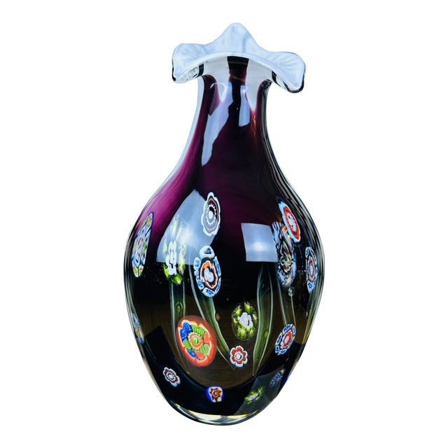 Large Amethyst Blown Art Glass Vase With Millefiori Floral Murrine, 13" For Sale