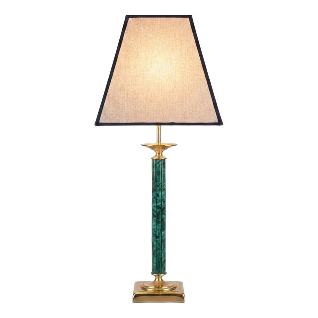 Green Malachite-Style Column Table Lamp with Structured Shade, 1980s For Sale