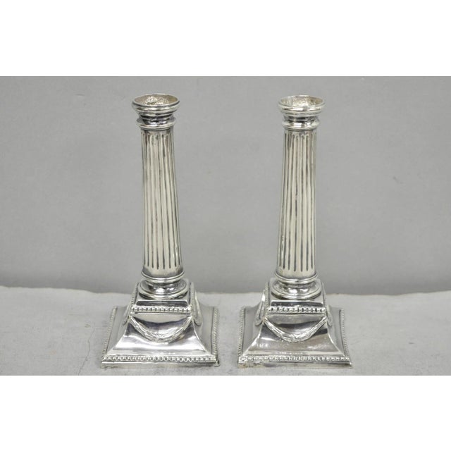 Traditional Vintage English Regency Silver Plated Classical Column Small Candlesticks - Pair For Sale - Image 3 of 16