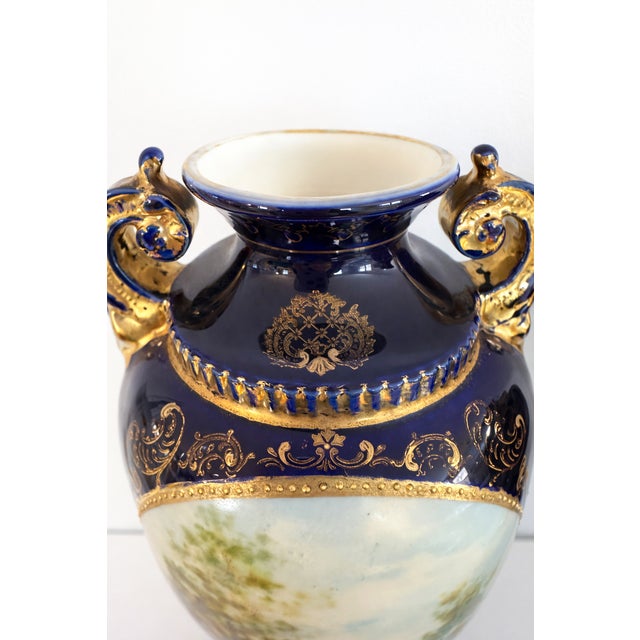 Pair of Antique Vienna Style Cobalt Blue & Gilt Porcelain Pedestal Urns, Circa 1900 For Sale - Image 10 of 13