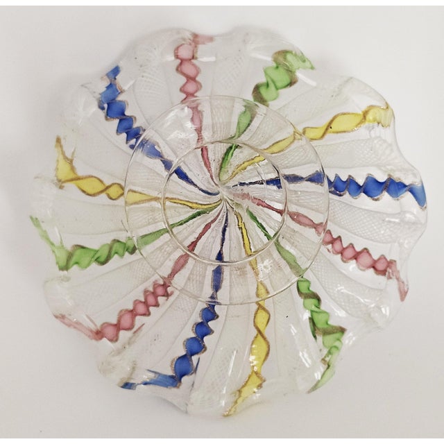 Murano Latticino Ribbon Art Glass Footed Bowl — Multicolor Gold Fleck, Italy For Sale - Image 9 of 14