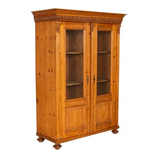 Antique Pine Bookcase Cabinet With Glass Doors For Sale